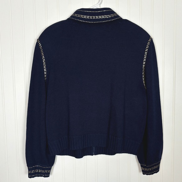Vintage St. John Collection Knit Jacket Women 16 Navy Blue Gold Studded Zip Up - Picture 3 of 15